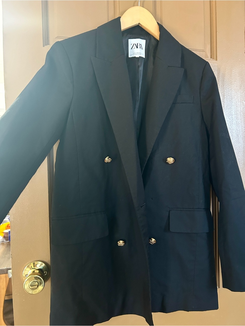 Zara Womens Double-Breasted Navy Blazer with Gold Buttons